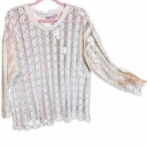 Huntington Ridge Cream Crochet Knit Sweater Long Sleeve Open Weave Large boho